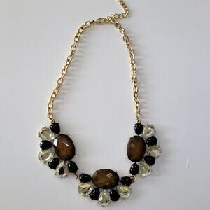 Vintage Gold Tone Necklace with Black Teardrop Accents and Faceted Brown Stones